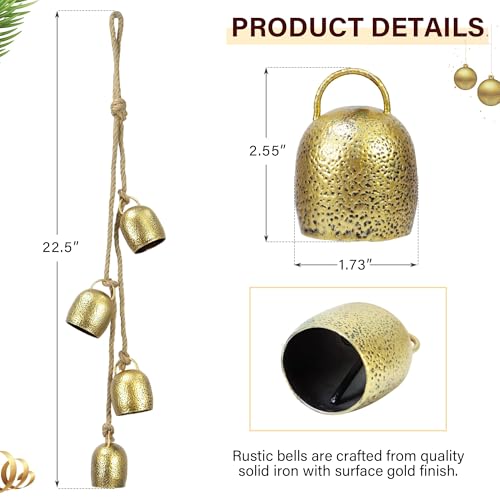Rustic Hanging Bell Wind Chime, 4-Bell Wrought Iron Brass Finish Decor