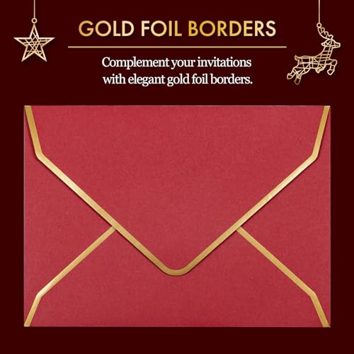 MATICAN 50-Pack A7 Invitation Envelopes with Gold Foil Borders, 5.25 x 7.25 in, Red & Green Christmas Colors