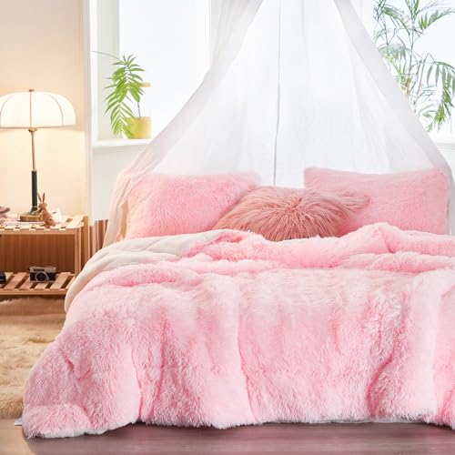 Reversible Plush Shaggy Comforter Set - Twin Size, Pink, 3 Pieces