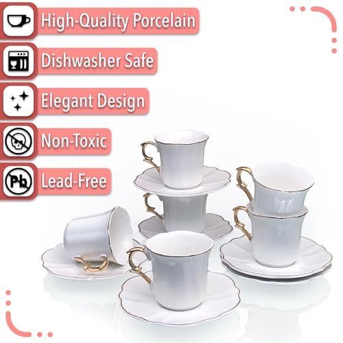 Brew To A Tea White Porcelain Espresso Cups Set 6 x 3 oz Small Coffee Mugs