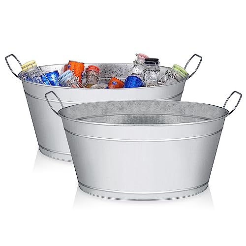 6-Gallon Galvanized Tin Beverage Tub with Handles, Rustic Ice Bucket (2 Pack)