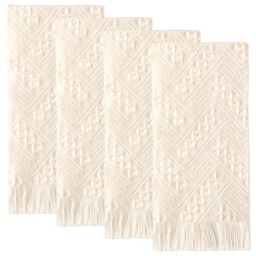 4 Pack Boho Waffle Hand Towels - 14x30 Inch Cream Turkish Cotton Set