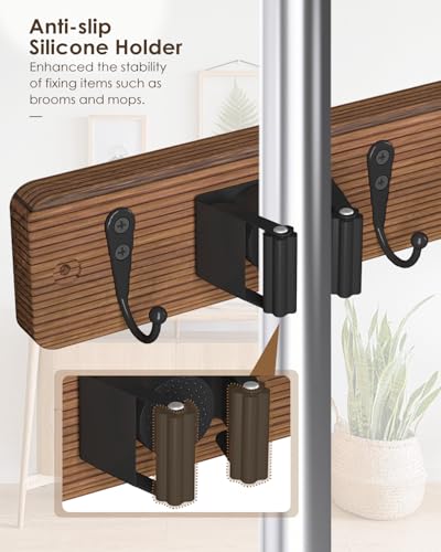 Wooden Broom Holder Wall Mount - 4 Clamps and 4 Hooks Mop Organizer