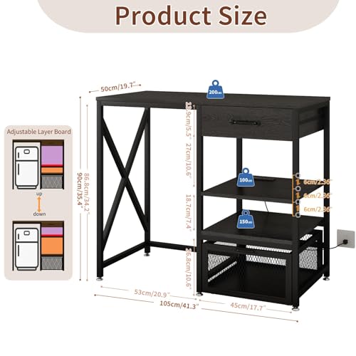 Mini Fridge Stand with Power Outlet, Adjustable Shelves and Storage Drawers
