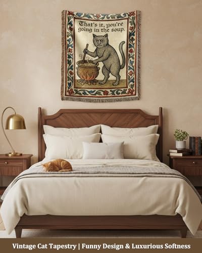 Weird Medieval Cat Woven Tapestry Throw Blanket with Fringe Tassels