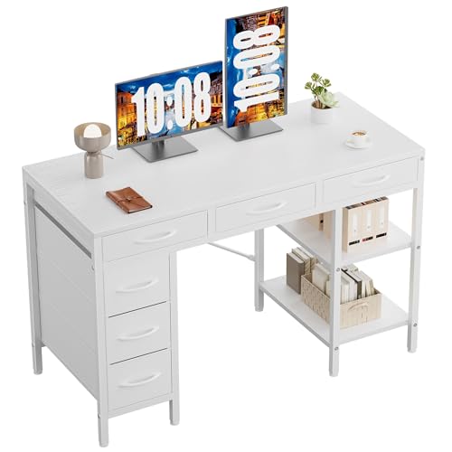 47-Inch Computer Desk with 6 Fabric Drawers & Storage Shelves - White