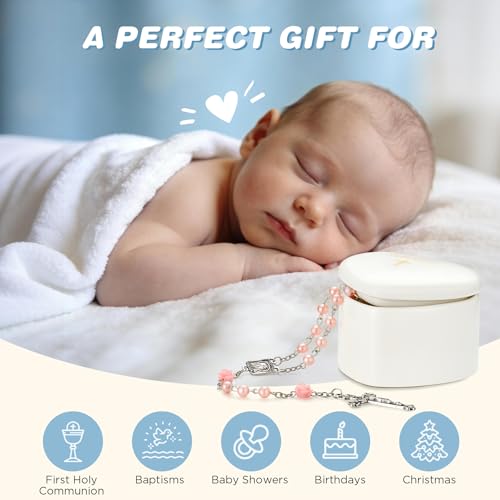 Baby First Rosary Set with Ceramic Keepsake Box for Baptism & Christening