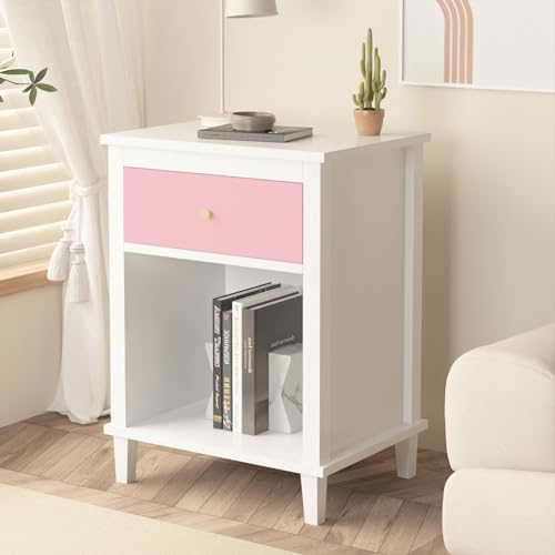 Kids Modern Nightstand with Drawer and Open Shelf, Pink Bedside End Table