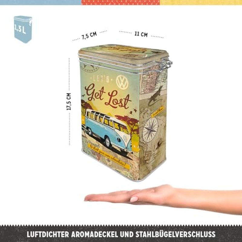 Nostalgic-Art Retro coffee tin box, 44 oz, VW Bulli – Let's Get Lost – VW Bus Gift idea, Official License Product (OLP), metal clip top can, vintage design