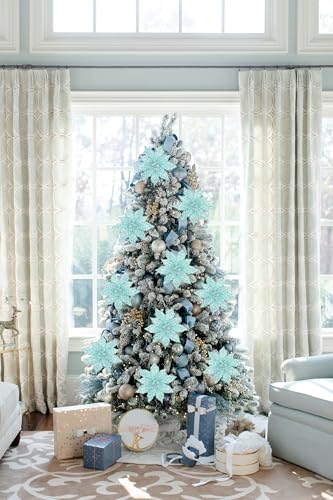 Briful Teal Blue Poinsettias 3-Pack 22.4in Glitter Mesh Artificial Christmas Flowers