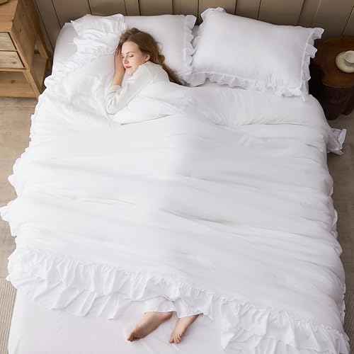 White Ruffle Queen Comforter Set - 3 Piece All-Season Bedding Set