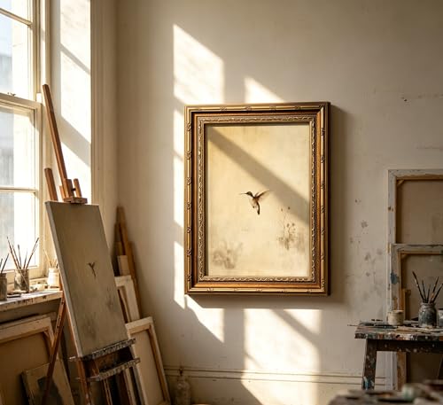 Vintage Gold Framed Hummingbird Canvas Wall Art Rustic Bird Painting