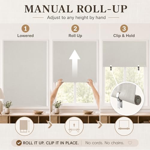 100% Blackout Roller Shades, No-Drill Adhesive Blinds - 35" W x 63" H Light Beige