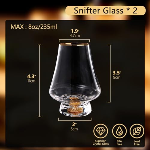 DUJUST Crystal Snifter Glasses Set of 2 (8oz) - Gold Leaf Flakes & Handcrafted Rim, Luxury Whiskey & Brandy Glasses for Spirits, Gift Box Included