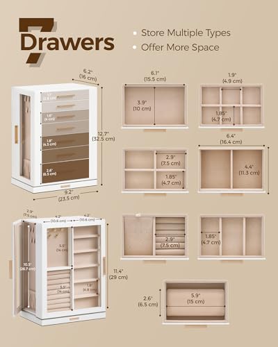360° Rotating Jewelry Organizer Box with 7 Drawers and Glass Display
