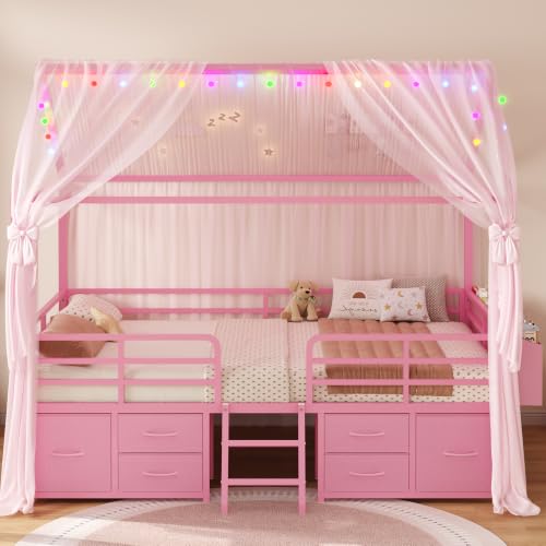 Full Size House Bed Frame with 6 Storage Drawers and Safety Guardrail