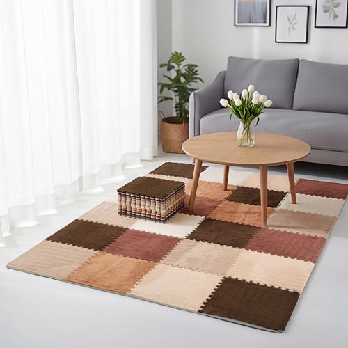 12 Pcs Plush Interlocking Carpet Tiles, Soft EVA Foam Puzzle Floor Mats