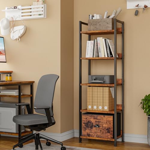 5-Tier Tall Narrow Bookshelf with Fabric Drawer - Rustic Brown