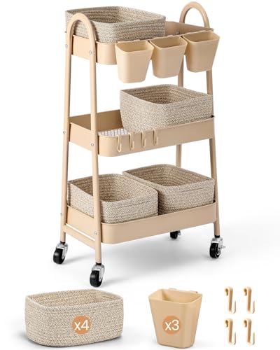 Rolling Utility Cart with 4 Woven Baskets & Lockable Wheels, Brown