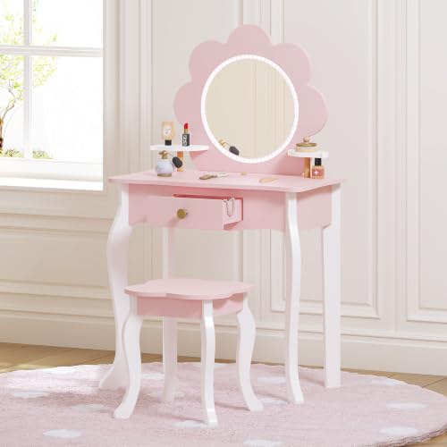 Kids Vanity Set with LED Flower Mirror and Stool - Pastel Pink