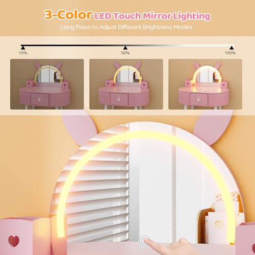 Kids Vanity Set with Lighted Mirror, Rabbit Design Table and Chair, Pink