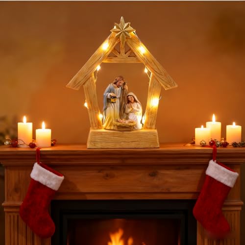 7.3-Inch LED Lighted Nativity Set - Hand-Painted Resin Holy Family Statue