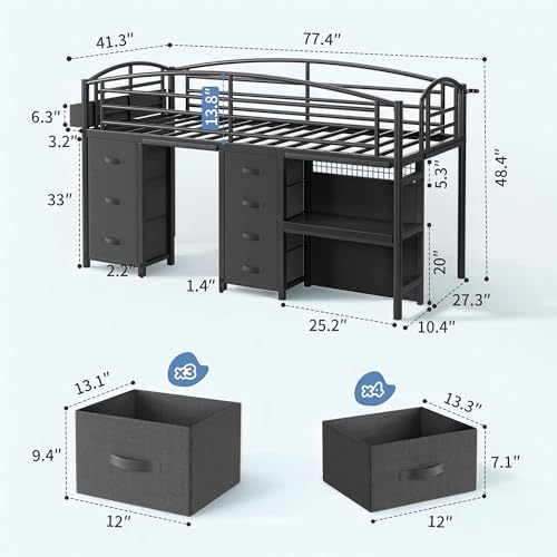 Twin Low Loft Bed with Desk, Storage Drawers, LED Lights & Play Curtain
