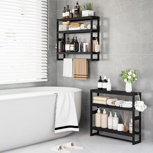 3-Tier Bamboo Bathroom Storage Shelf with Towel Bar and Hooks