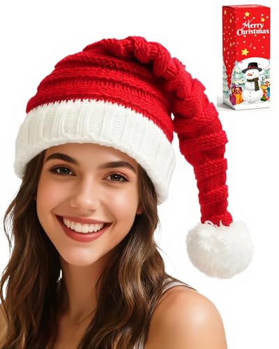 Knit Santa Hat Christmas Beanie for Adults with Gift Box – Red Xmas Party Hat