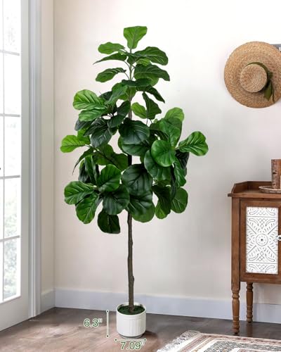 6FT Artificial Fiddle Leaf Fig Tree in White Planter - Faux Ficus Lyrata for Indoor Decor
