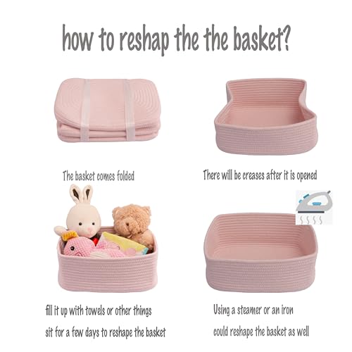 Small Woven Storage Baskets for Shelves, Pink Cotton Rope Bins 3-Pack