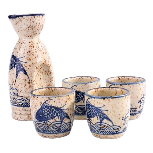 Japanese Ceramic Sake Set of 5 - Traditional Flask & Cups for Hot Cold Serving