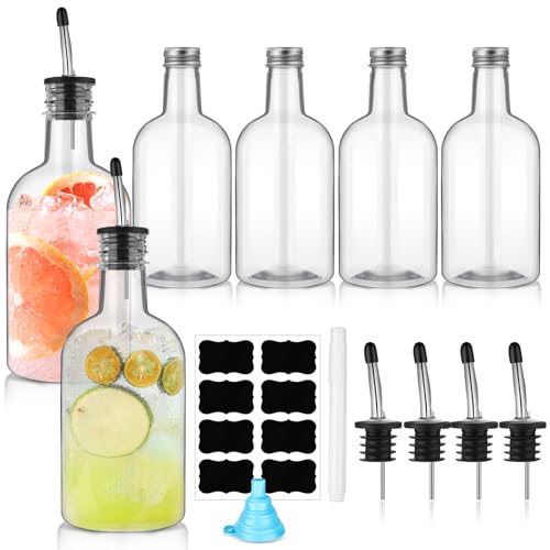 Maxcheck 6 Sets 16 oz Plastic Liquor Bottles with Stainless Steel Pourers - Long Neck Bar Supplies