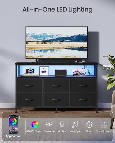 6-Drawer Dresser with Charging Station & LED Lights, Modern TV Stand