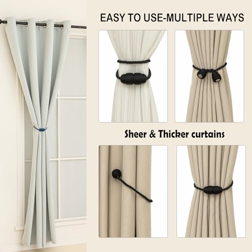 Magnetic Curtain Tiebacks - 4 Pack Decorative Rope Curtain Holdbacks, Black