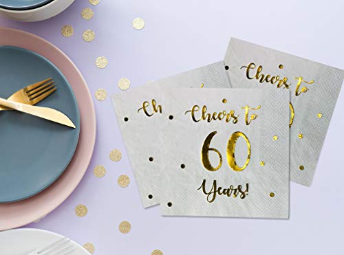 White Cheers to 60 Years Cocktail Napkins | 50-Pack, 3-Ply, 5x5 Inch | Happy Palace