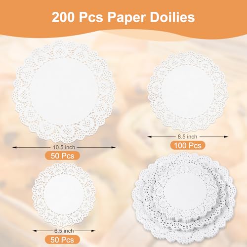 200-Pack White Lace Paper Doilies - 6.5, 8.5, and 10.5 Inch Assorted Sizes