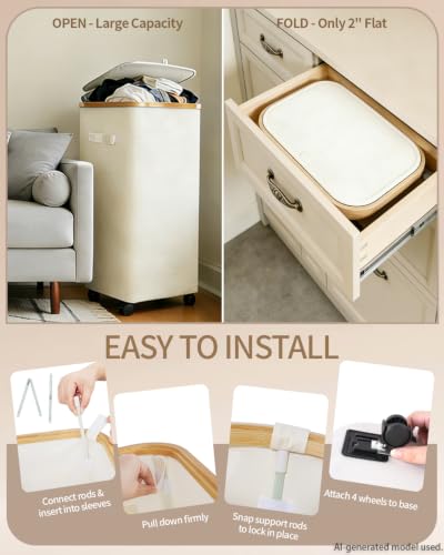 75L Rolling Laundry Hamper with Wheels, Collapsible Bamboo Laundry Basket