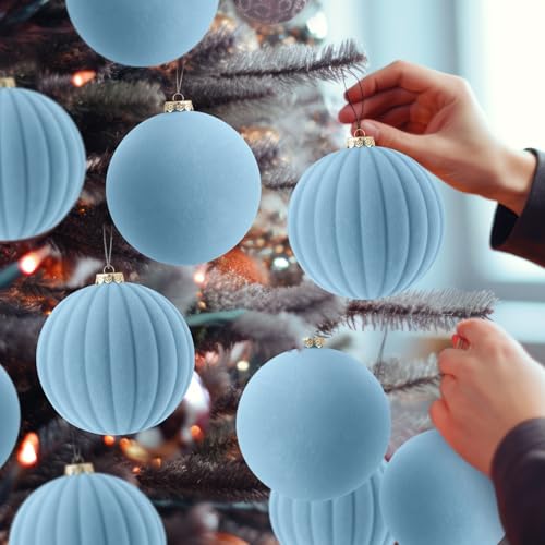 Syhood 4 Inch Dusty Blue Velvet Christmas Ornaments - 9 Pack Large Holiday Balls