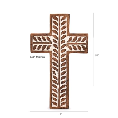 Handcrafted Mango Wood Catholic Wall Cross with Floral Carvings, 10-inch