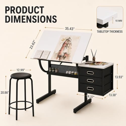 Adjustable Drafting Table with 3 Drawers and Stool for Artists