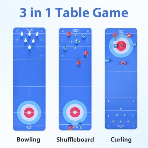 3-in-1 Tabletop Game Set: Curling, Shuffleboard, and Bowling - 21-Inch Mat