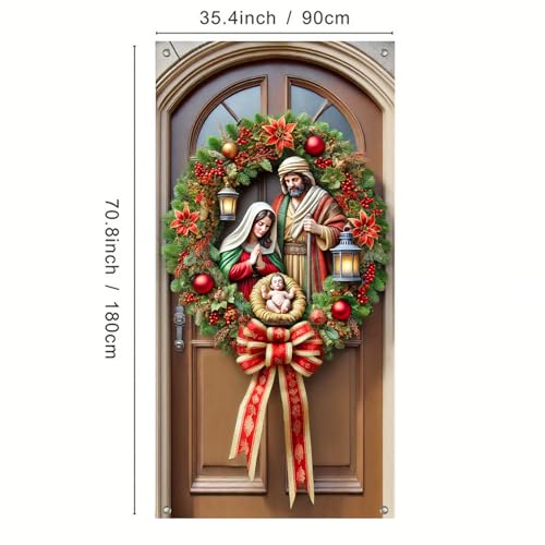 Christmas Nativity Door Cover - Holy Family Scene 35x71 Inch Polyester