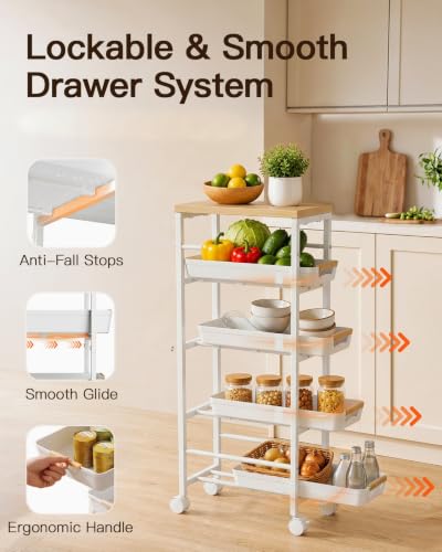 5-Tier Slim Rolling Storage Cart with Wood Top and Pull-Out Baskets