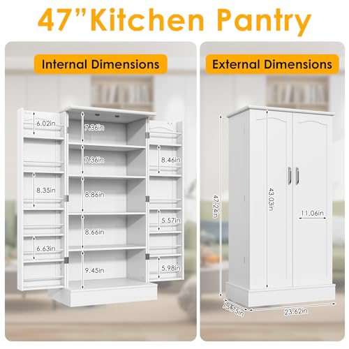 47-Inch Kitchen Pantry Storage Cabinet with Doors & Adjustable Shelves - White