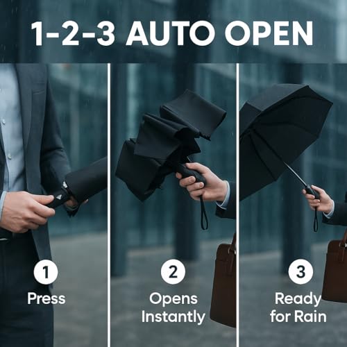 Automatic Folding Travel Umbrella, Compact Windproof Rain and Sun Umbrella