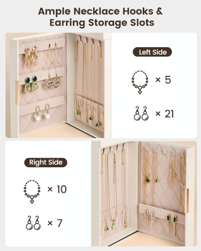 6-Layer Large Jewelry Box Organizer with 5 Drawers, Mirror and Lock, Beige