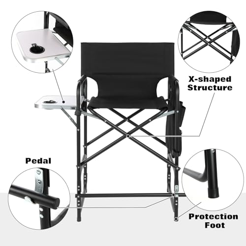 Portable Tall Director Chair, Foldable Makeup Chair with Side Table