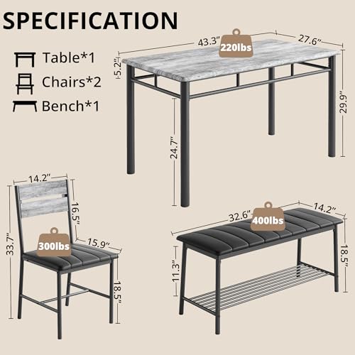 4-Piece Dining Table Set with Upholstered Bench and 2 Chairs, Gray