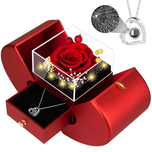 Preserved Real Rose Gift Box with I Love You Necklace for Her